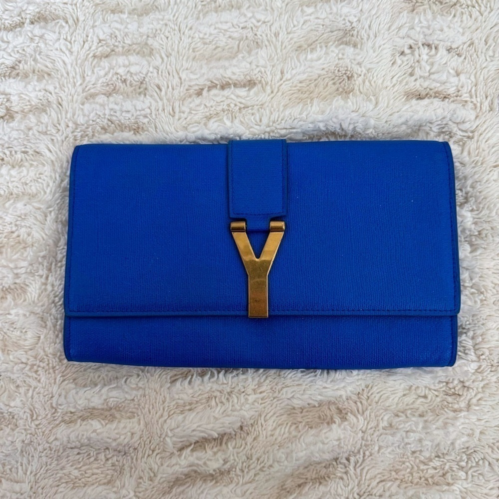 Yves Saint Laurent YSL Electric Blue Leather Y LIGNE Clutch with COA